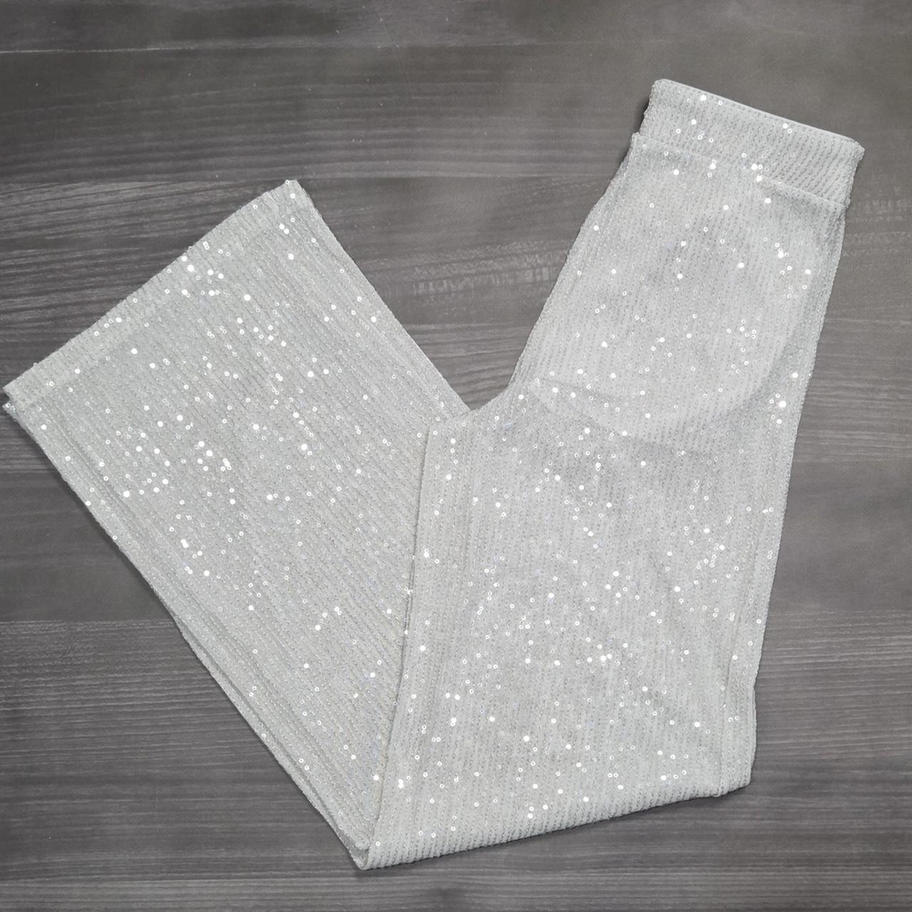 Wild Fable Women' Mid- Rise Wide Leg Sequin Party Pants Light Gray/Silver SZ XS